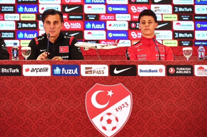 A Milli Takım teknik direktörü Vincenzo Montella ve oyuncu Arda Güler, Romanya maçı öncesi basın toplantısında.