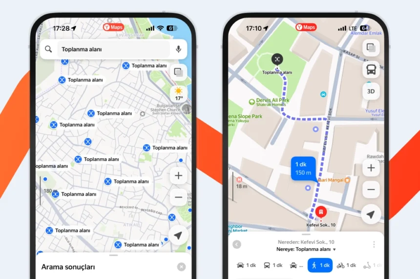 Yandex Haritalar üzerinde gösterilen deprem toplanma alanları