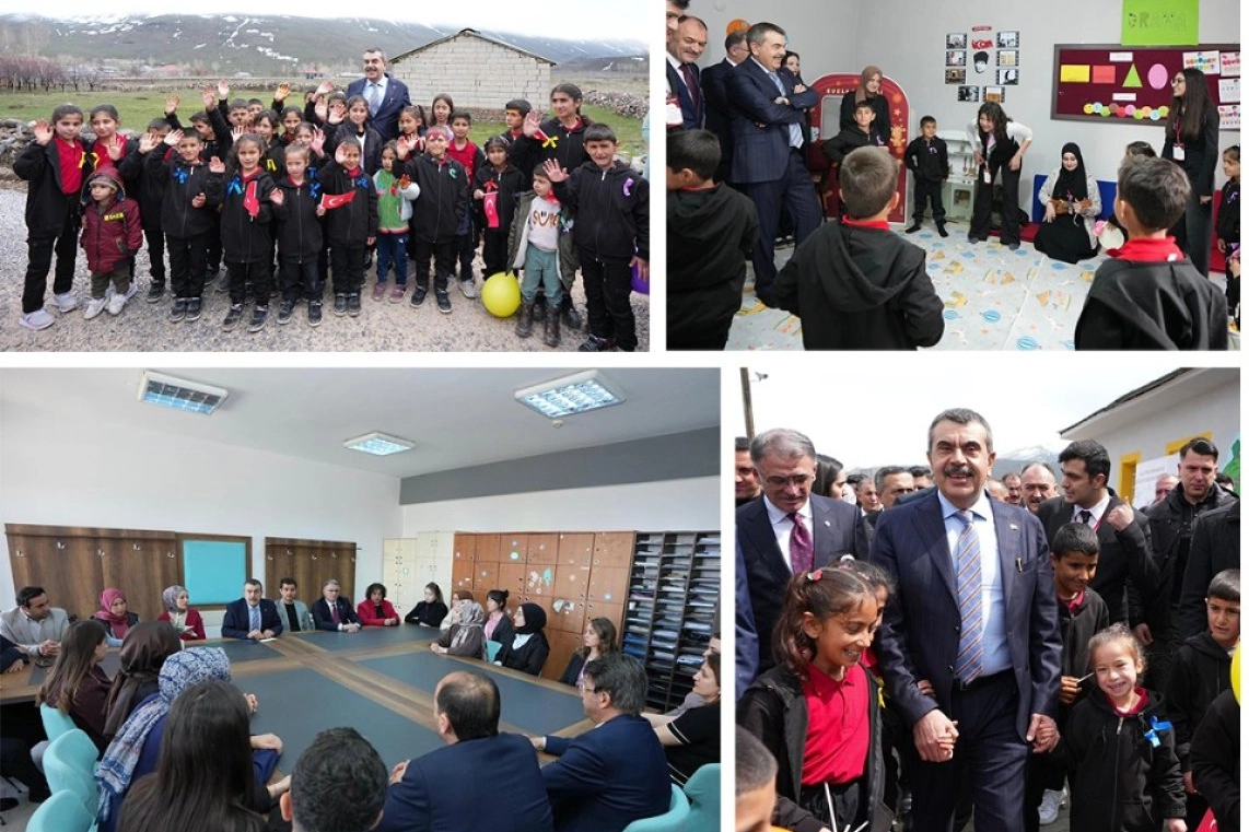 Millî Eğitim Bakanı Yusuf Tekin, Van'daki bir ilkokulda öğrencilerle birlikte boyama etkinliğine katılıyor.